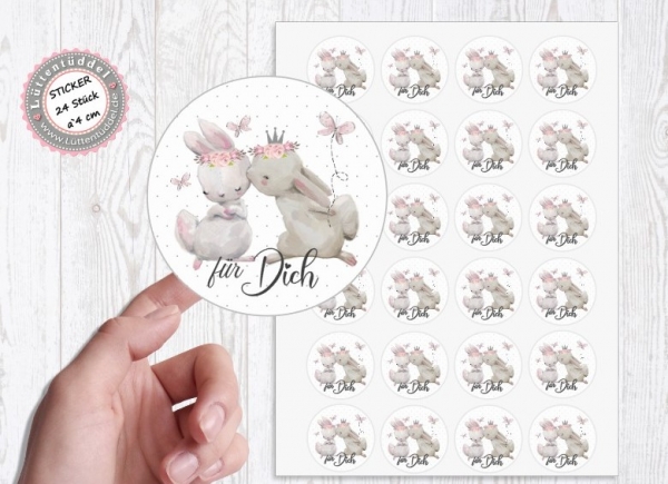 24 Stück zuckersüße Hasen Sticker Aufkleber für Dich  4cm rund von Lüttentüddel®